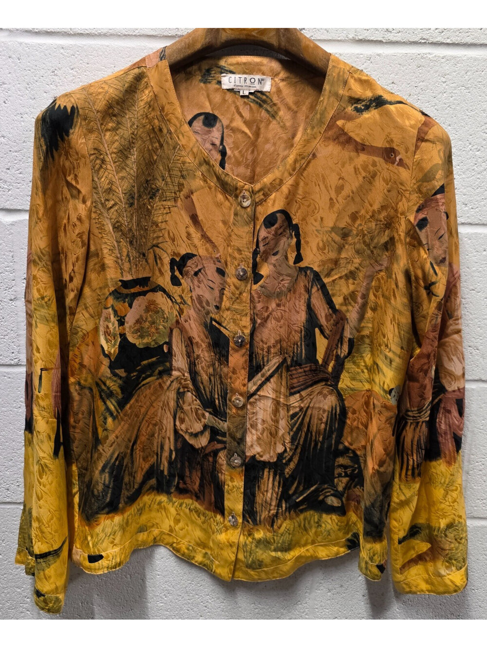 Citron Santa Monica blouse gold silk jacquard chinoiserie L Oriental 21.5x25